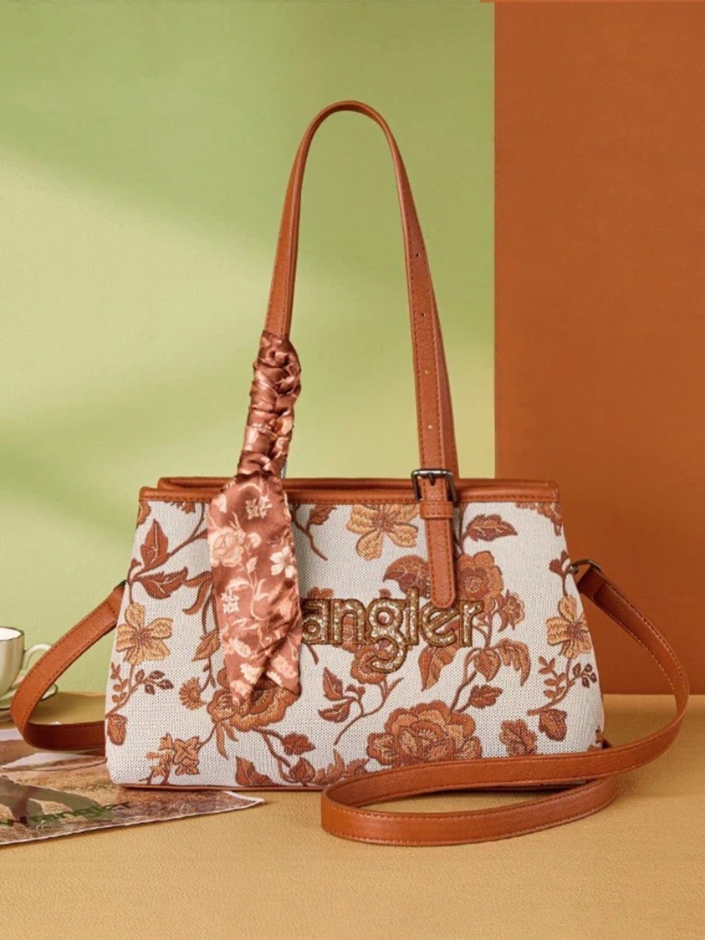 WRANGLER VINTAGE FLORAL PRINT CANVAS SHOULDER BAG DARK BROWN